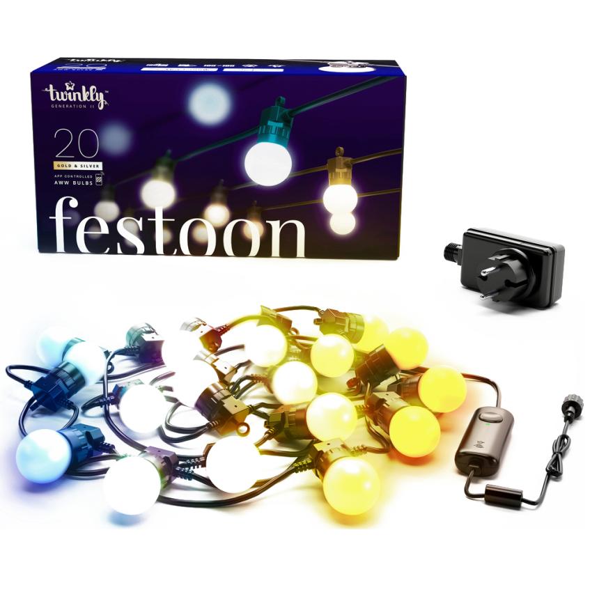 Умная гирлянда ретро «Фестон» Twinkly Festoon, Gold + Silver (20 м, 40 лампочек G45)